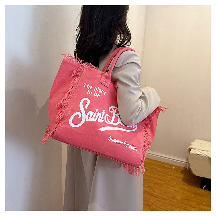 Women's Korean-style Letter Tassel Canvas Bag With Large Capacity