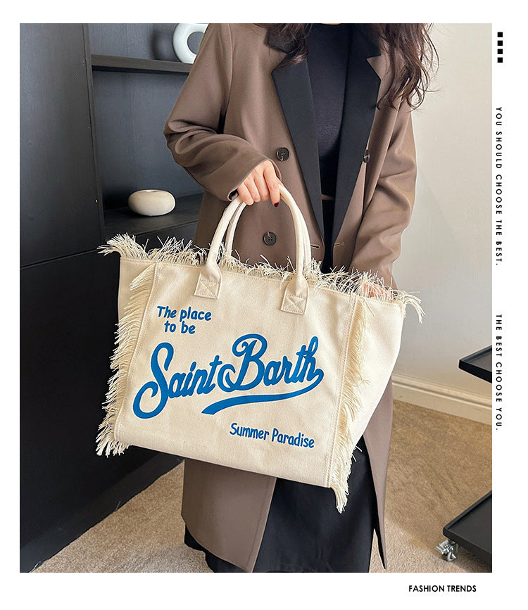 Women's Korean-style Letter Tassel Canvas Bag With Large Capacity
