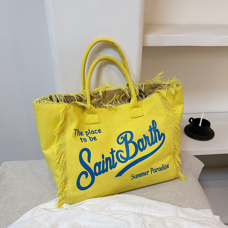 Women's Korean-style Letter Tassel Canvas Bag With Large Capacity