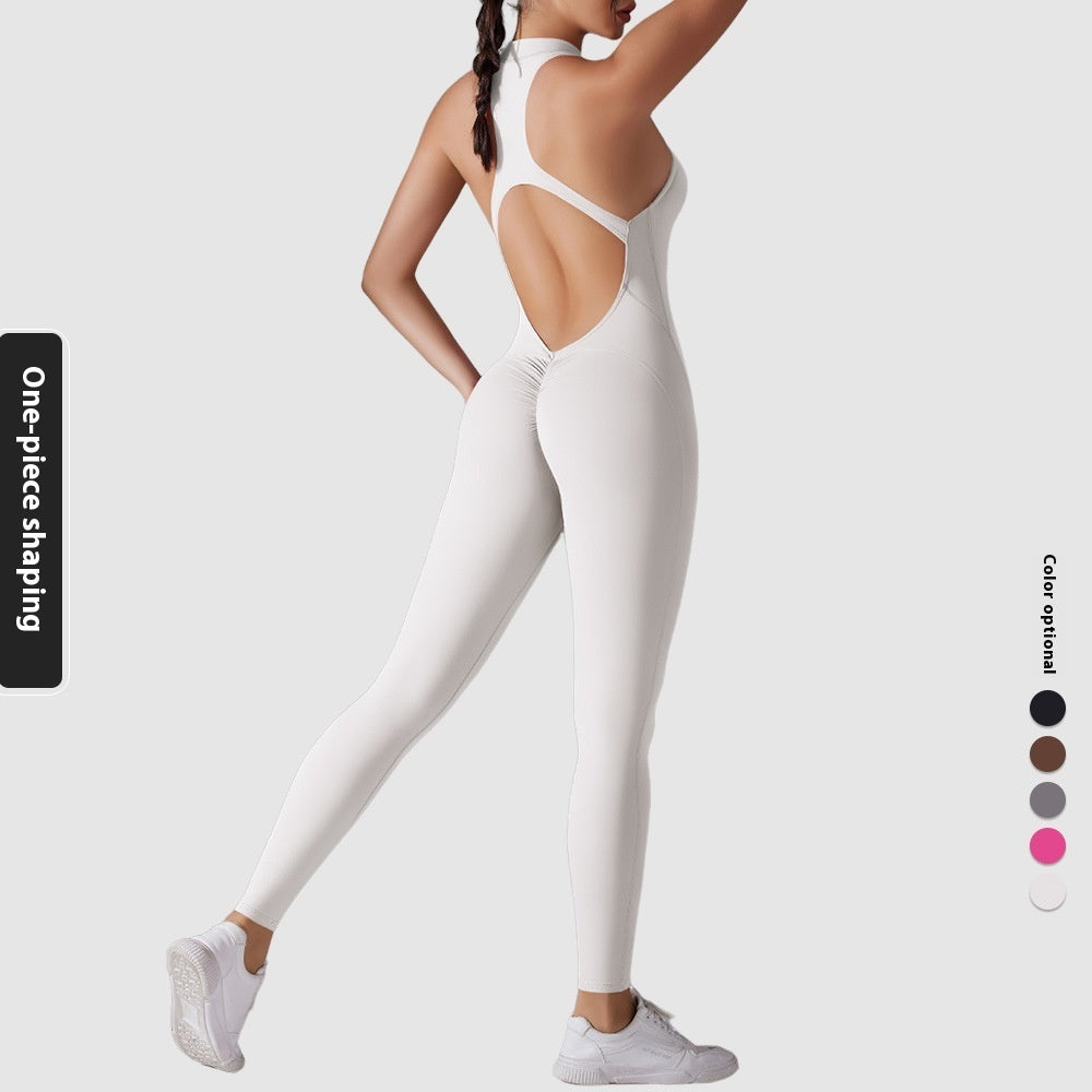 Solid Color Nude Feel High Strength Tight Sports Back Shaping Long Jumpsuit