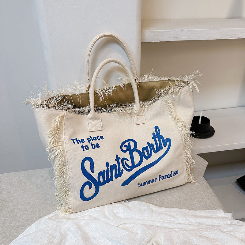 Women's Korean-style Letter Tassel Canvas Bag With Large Capacity