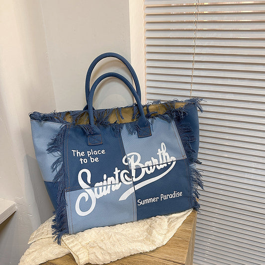 Women's Korean-style Letter Tassel Canvas Bag With Large Capacity