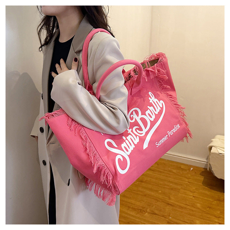 Women's Korean-style Letter Tassel Canvas Bag With Large Capacity