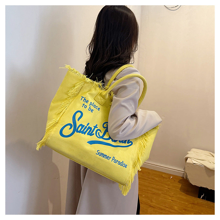 Women's Korean-style Letter Tassel Canvas Bag With Large Capacity