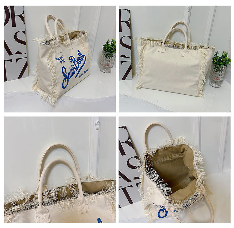 Women's Korean-style Letter Tassel Canvas Bag With Large Capacity